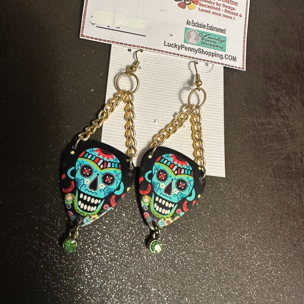 Sugar Skull Earrings Day of the Dead Guitar Pick 9933